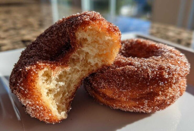Close-up of a Cinnamon Sugar Air Fryer Donut broken in half showing the fluffy interior, next to a whole donut.