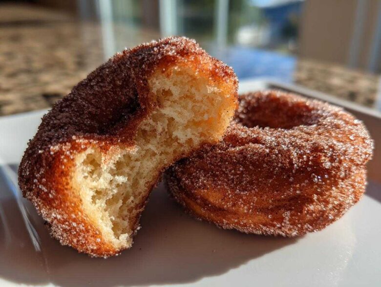 Close-up of a Cinnamon Sugar Air Fryer Donut broken in half showing the fluffy interior, next to a whole donut.