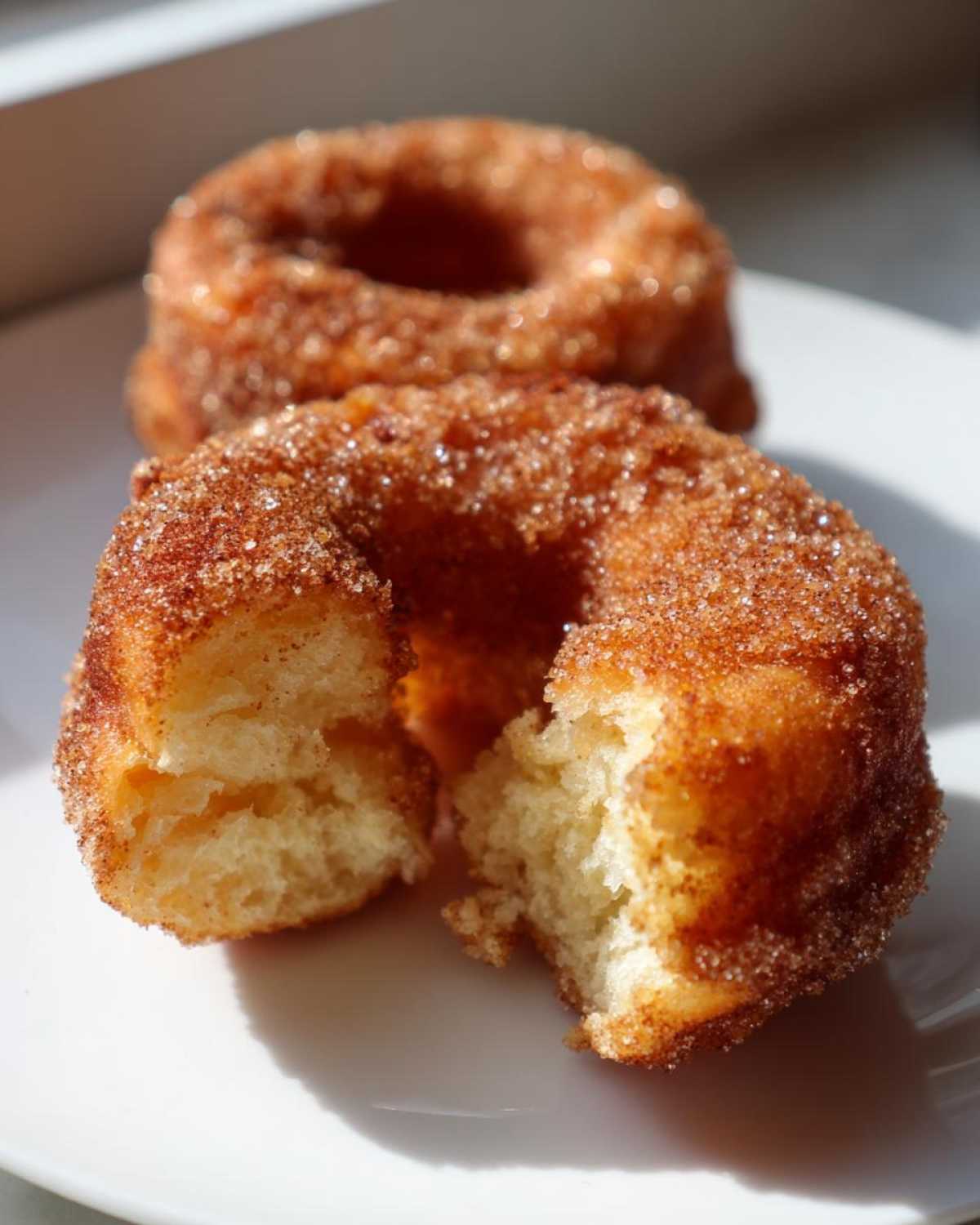 A close-up of two Cinnamon Sugar Air Fryer Donuts on a white plate; one donut is broken in half revealing the fluffy interior.