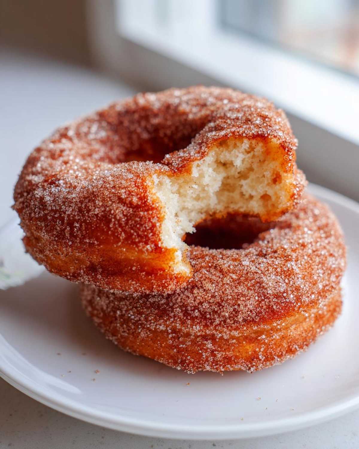 Two stacked Cinnamon Sugar Air Fryer Donuts on a white plate, one with a bite taken out showing the fluffy interior.