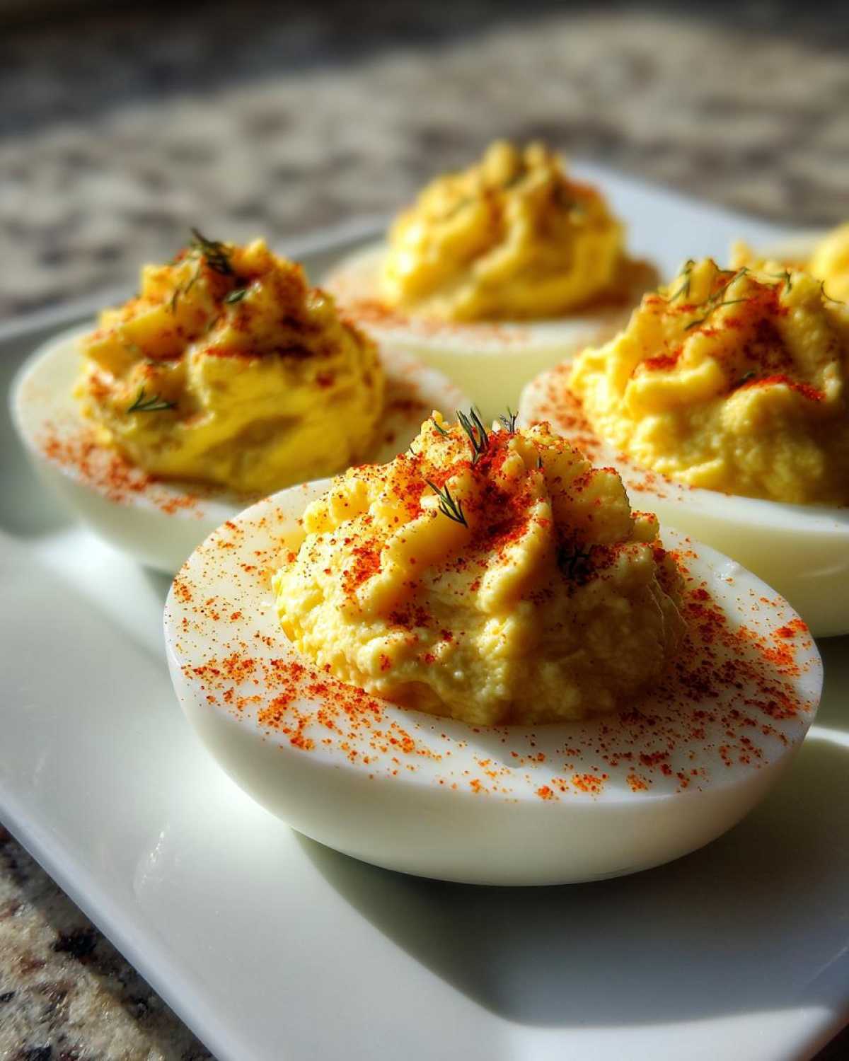Close-up of beautifully piped Classic Deviled Eggs with Dill Pickle Relish, dusted with paprika and garnished with dill.