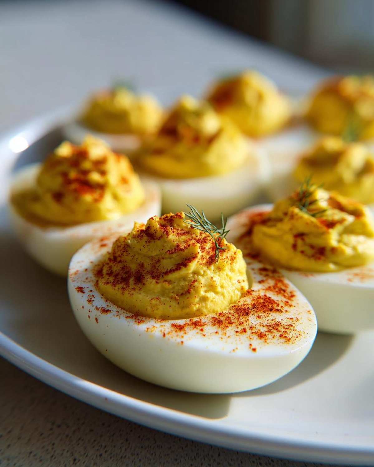 Close-up of several Classic Deviled Eggs with Dill Pickle Relish, topped with paprika and dill.