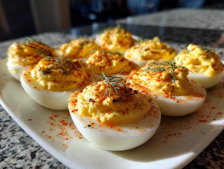 A plate of Classic Deviled Eggs with Dill Pickle Relish, garnished with paprika and fresh dill sprigs.