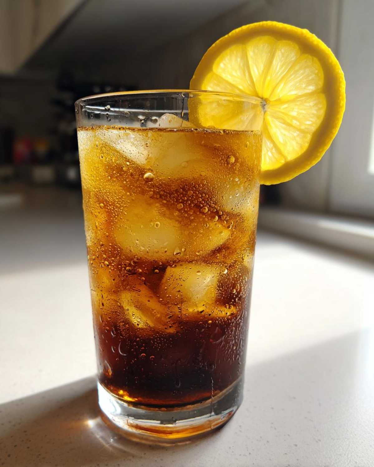 A tall glass filled with ice and dark brown Cold Brew Lemonade, garnished with a bright lemon slice.