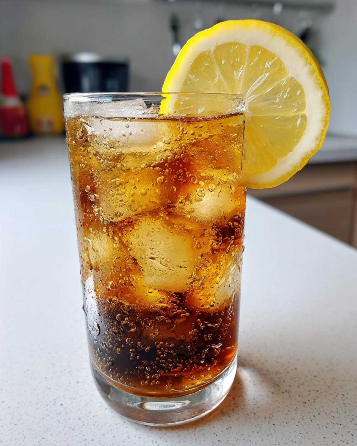 A tall glass filled with ice, dark liquid, and bubbles, garnished with a lemon slice, representing Cold Brew Lemonade.