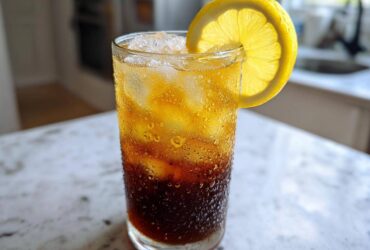 A tall, sweating glass filled with ice and layered Cold Brew Lemonade, garnished with a bright lemon slice.