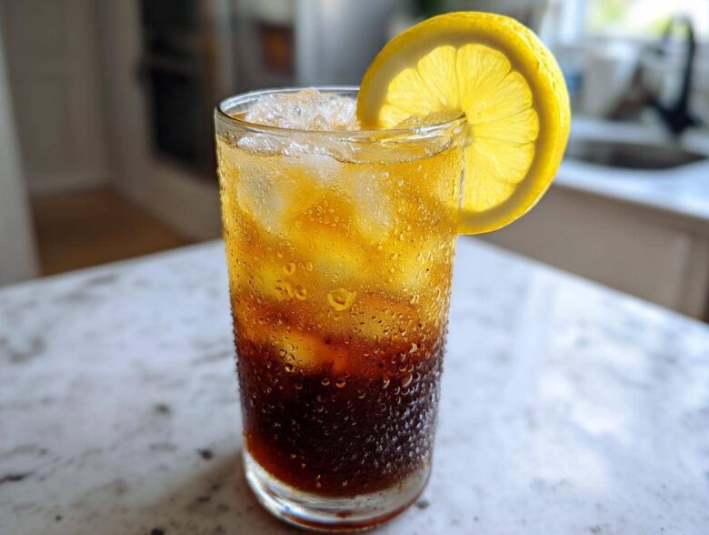 A tall, sweating glass filled with ice and layered Cold Brew Lemonade, garnished with a bright lemon slice.