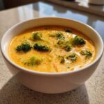 A close-up of a white bowl filled with thick, creamy Copycat Broccoli Cheddar Soup topped with bright green broccoli florets.