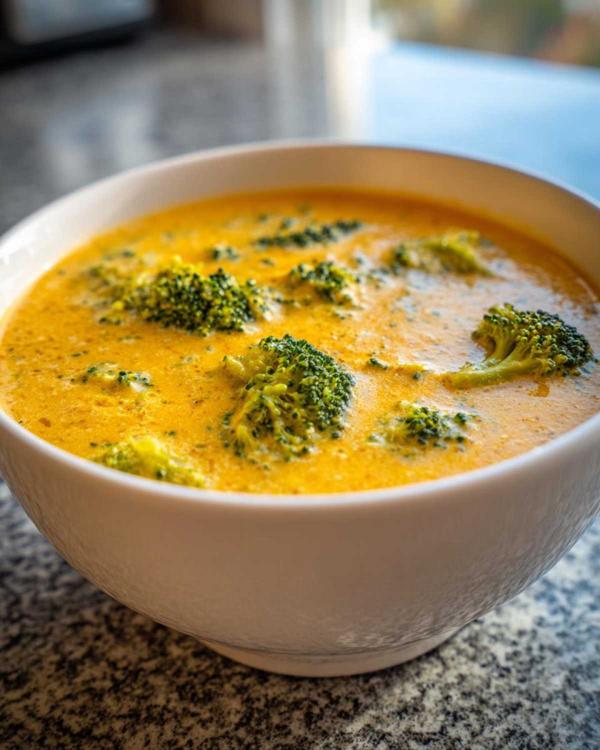 Close-up of a white bowl filled with rich, orange Copycat Broccoli Cheddar Soup featuring visible florets of green broccoli.
