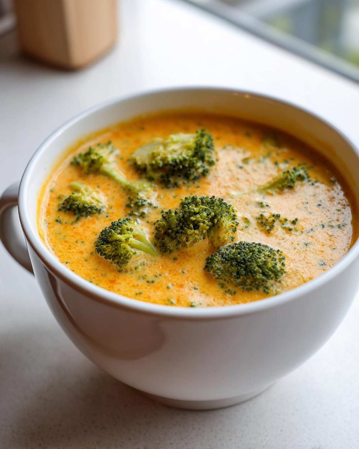 Close-up of a white mug filled with thick, creamy Copycat Broccoli Cheddar Soup topped with bright green broccoli florets.