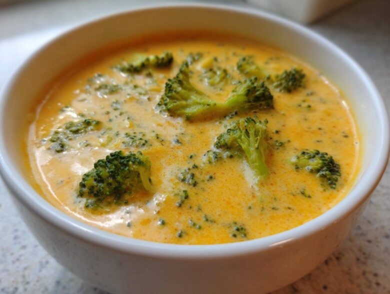 Close-up of a white bowl filled with creamy, orange-yellow Copycat Broccoli Cheddar Soup topped with bright green broccoli florets.