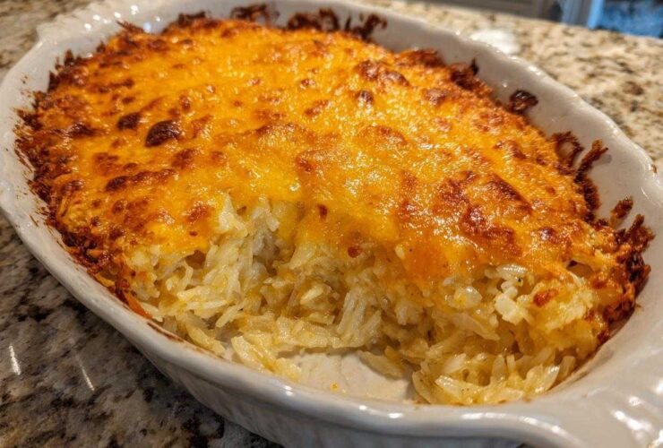 A close-up of a baked Copycat Cracker Barrel Hashbrown Casserole with a bubbly, golden-brown melted cheese topping in a white oval dish.