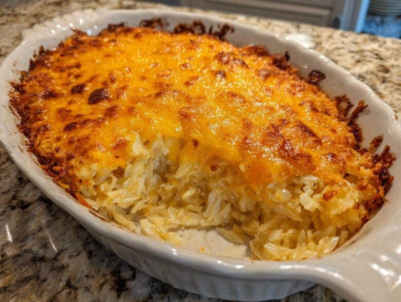 A close-up of a baked Copycat Cracker Barrel Hashbrown Casserole with a bubbly, golden-brown melted cheese topping in a white oval dish.