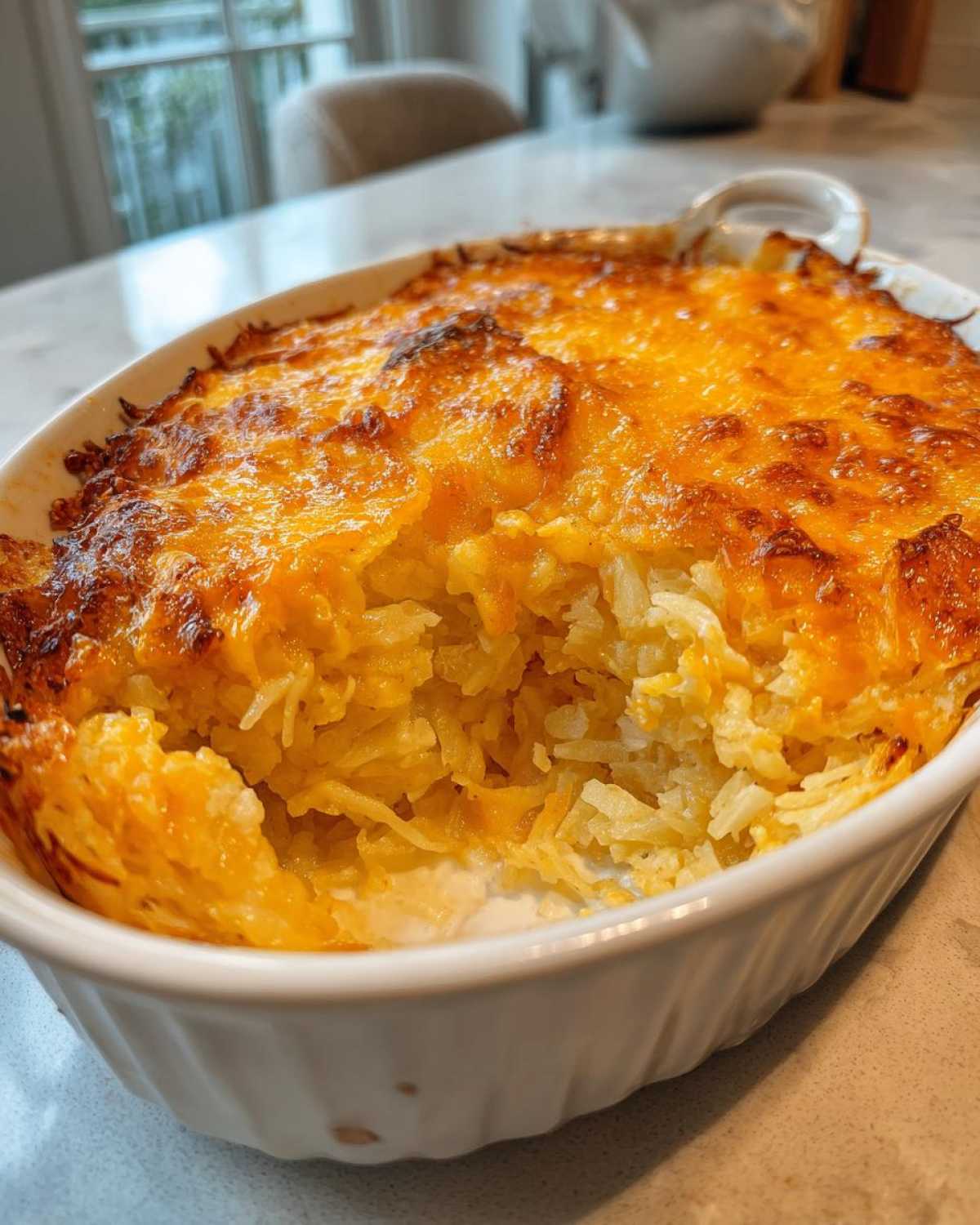 A close-up of a golden-brown, cheesy Copycat Cracker Barrel Hashbrown Casserole scooped in a white baking dish.