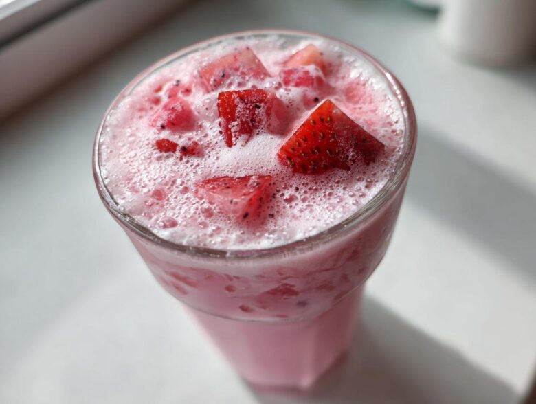 Overhead view of a frothy, pink beverage topped with strawberry and dragon fruit pieces, resembling the Copycat Starbucks Pink Drink.