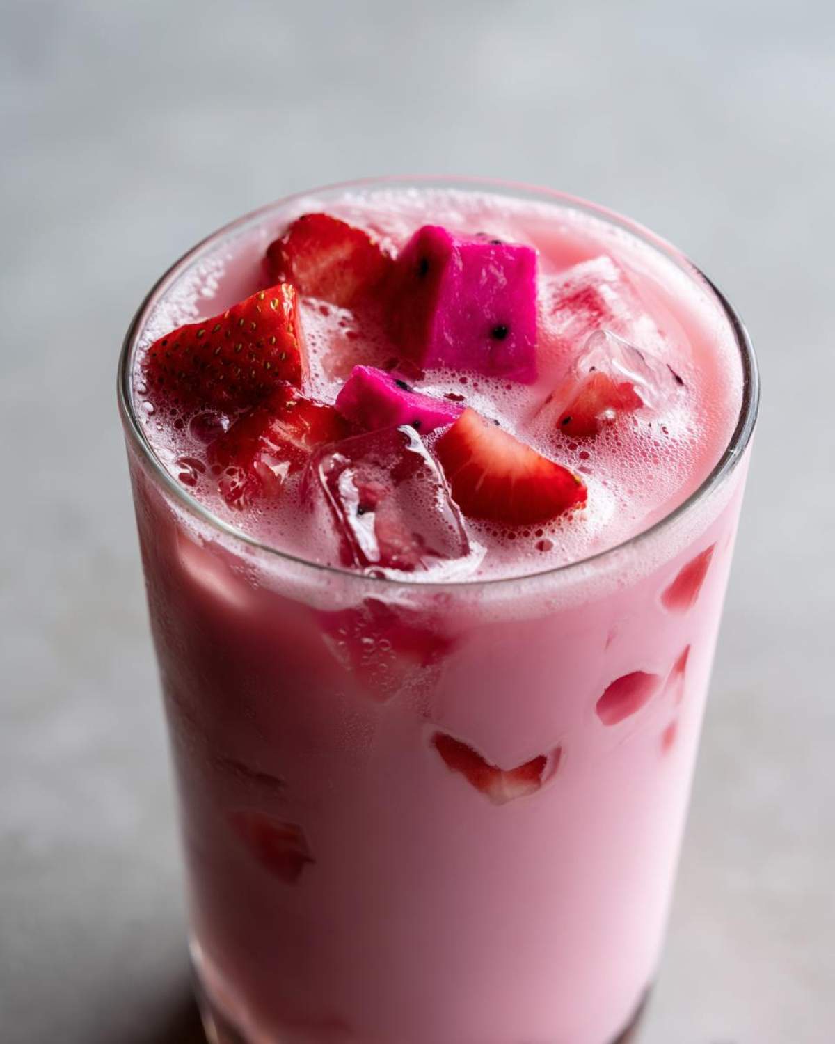 Close-up of a tall glass filled with the pink Copycat Starbucks Pink Drink, topped with ice, strawberries, and bright pink dragon fruit chunks.