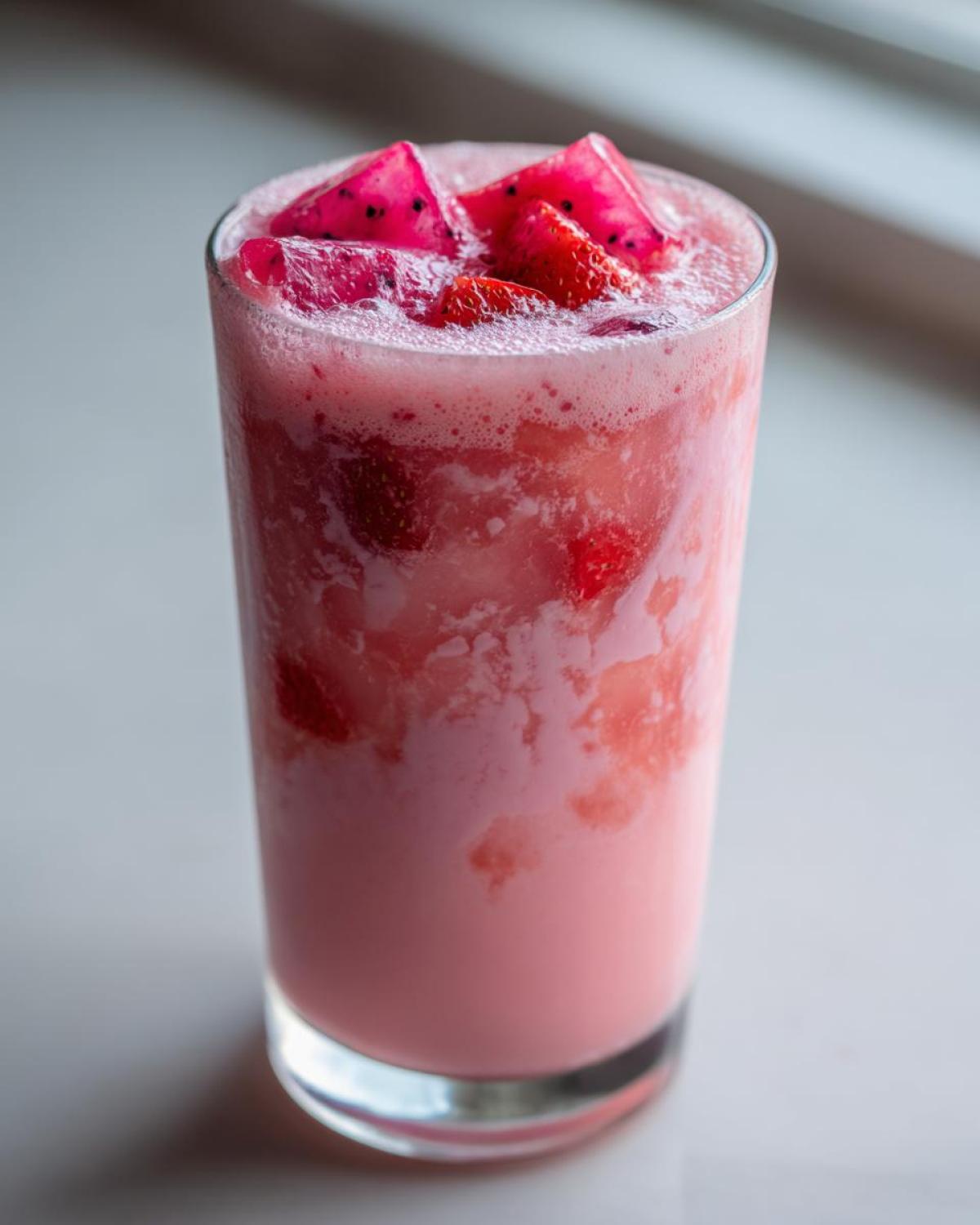 A tall glass filled with a frothy, pink beverage, topped with chunks of strawberry and pink dragon fruit, resembling the Copycat Starbucks Pink Drink.