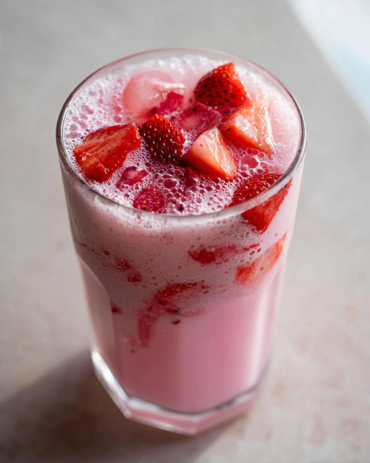 A tall glass filled with a frothy, pink beverage topped with fresh strawberry slices, resembling a Copycat Starbucks Pink Drink.