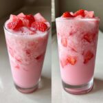 Two views of a tall glass filled with a frothy, pink Copycat Starbucks Pink Drink topped with fresh strawberry pieces.
