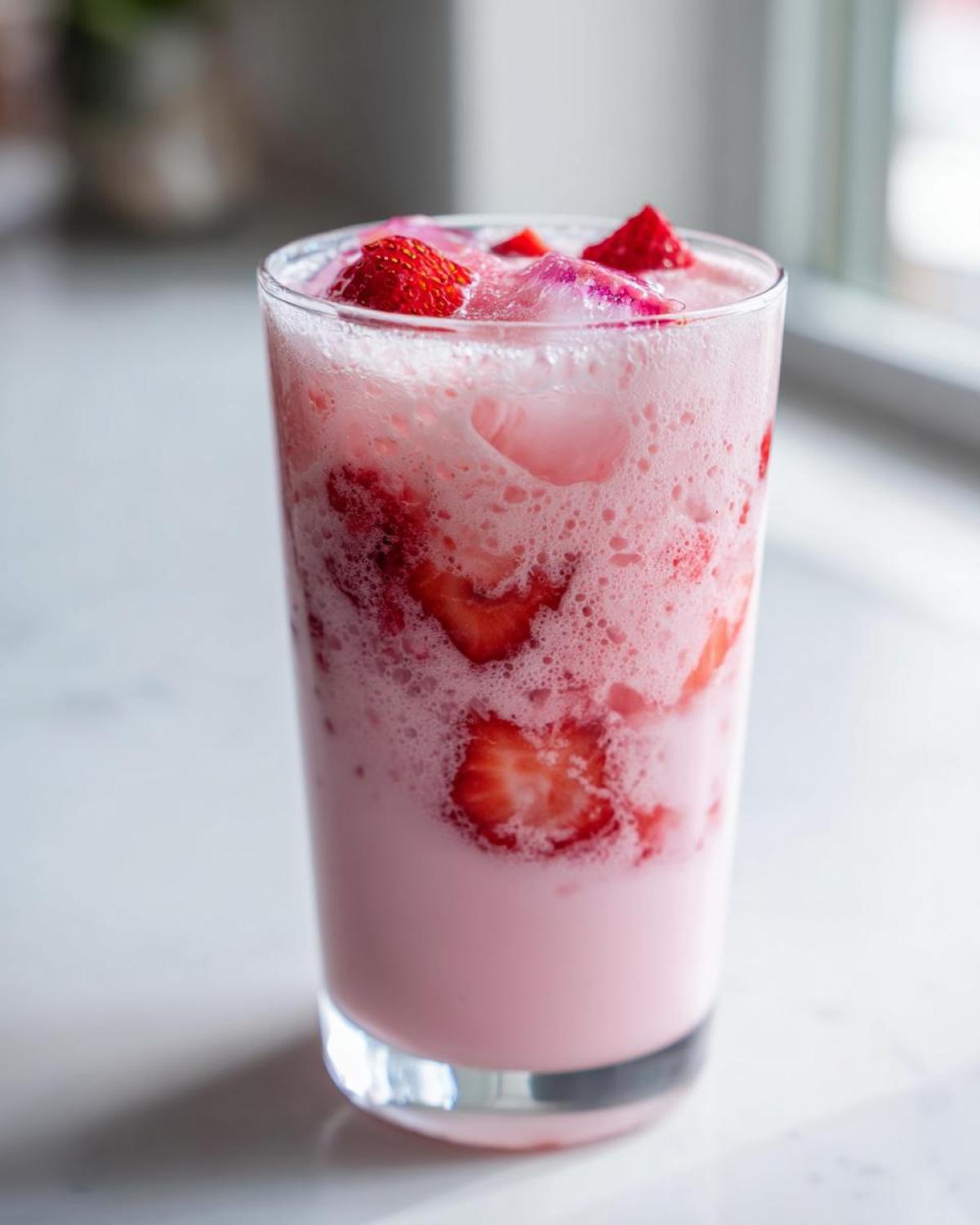 Close-up of a tall glass filled with the pink, frothy Copycat Starbucks Pink Drink, featuring sliced strawberries and ice