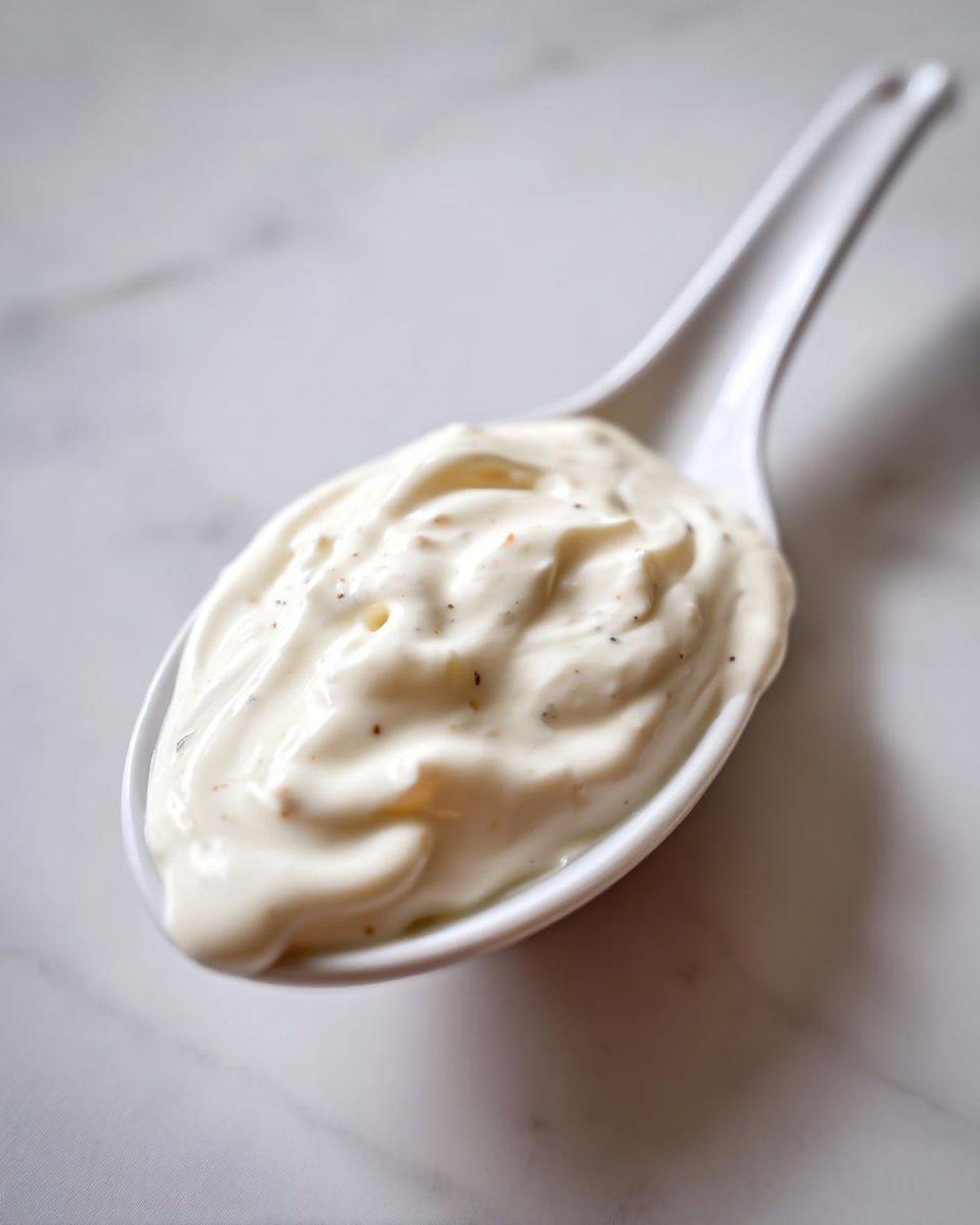 Close-up of creamy Copycat Taco Bell Chicken Quesadilla Sauce served on a white spoon.
