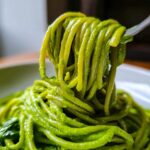 A fork lifting strands of spaghetti coated in vibrant green Creamy Avocado Pasta sauce.
