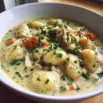 Close-up of a white bowl filled with rich, creamy chicken gnocchi soup, featuring soft gnocchi, shredded chicken, carrots, and fresh parsley.