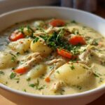 Close-up of a white bowl filled with rich Creamy Chicken Gnocchi Soup, featuring tender gnocchi, shredded chicken, carrots, and herbs.
