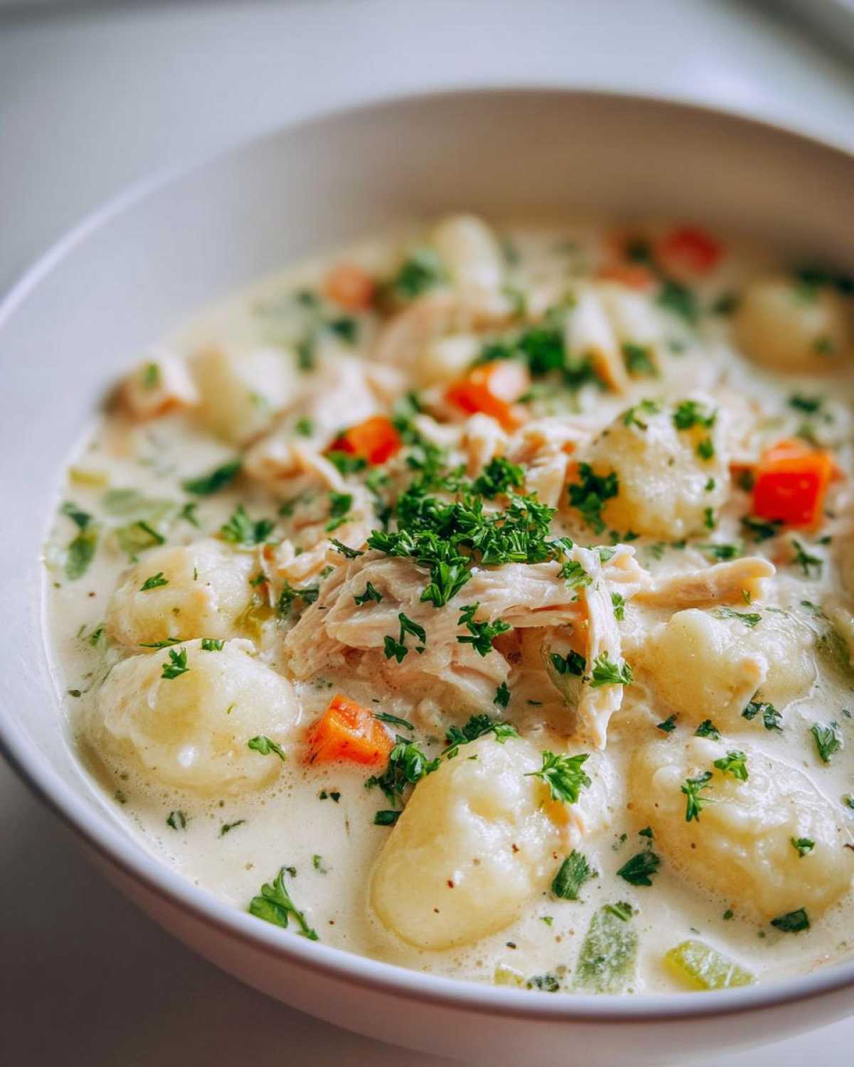 Close-up of a hearty bowl of Creamy Chicken Gnocchi Soup, featuring soft gnocchi, shredded chicken, and carrots, topped with fresh parsley.