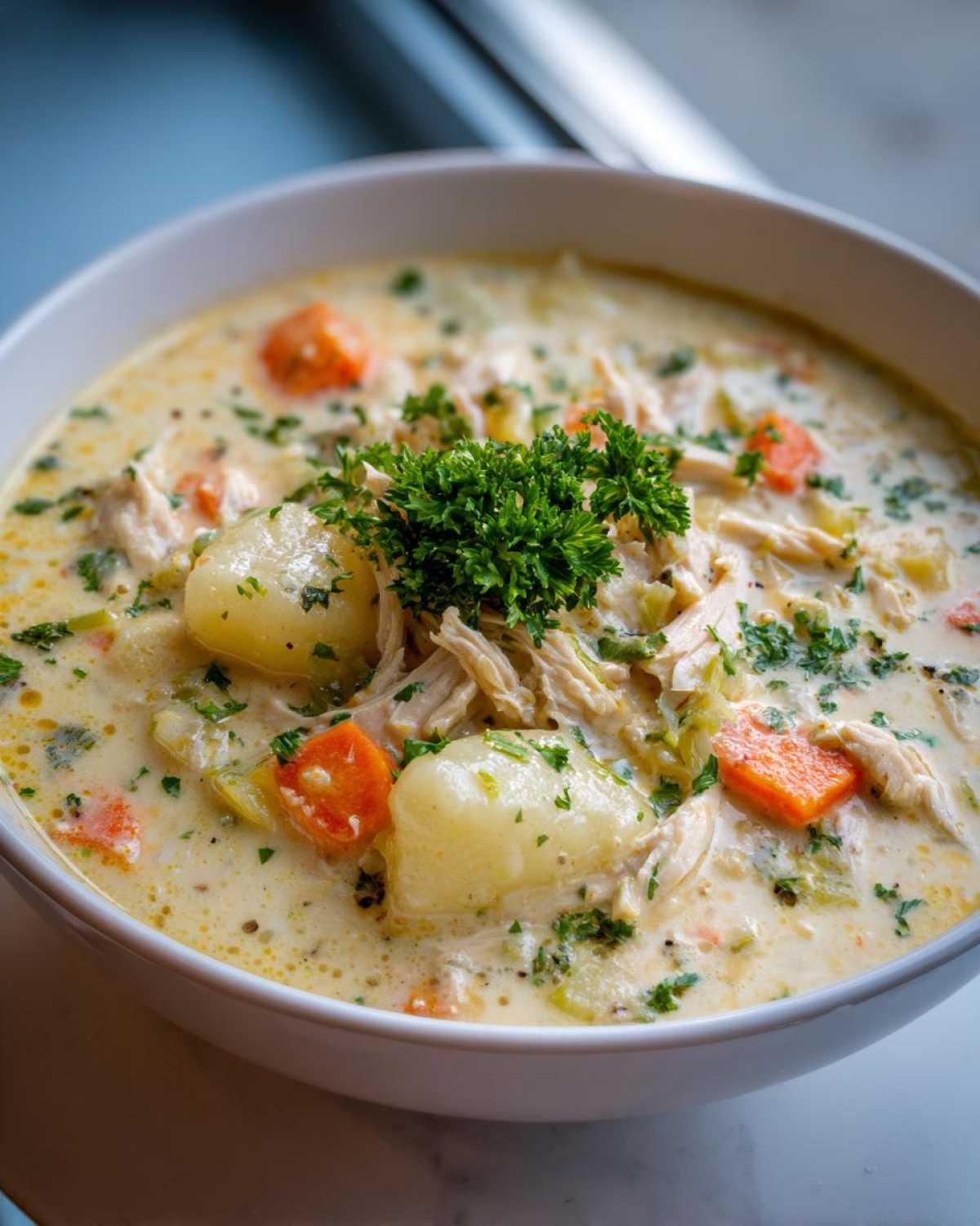 Close-up of a white bowl filled with rich Creamy Chicken Gnocchi Soup, featuring gnocchi, shredded chicken, carrots, and parsley.