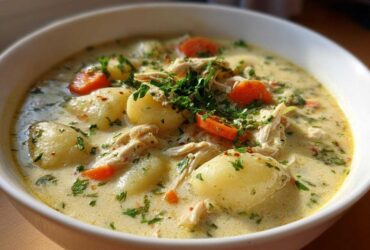 Close-up of a white bowl filled with rich Creamy Chicken Gnocchi Soup, featuring tender gnocchi, shredded chicken, carrots, and herbs.