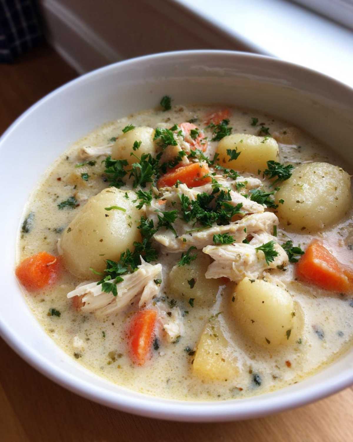 Close-up of a white bowl filled with Creamy Chicken Gnocchi Soup, featuring large gnocchi, shredded chicken, carrots, and fresh parsley.