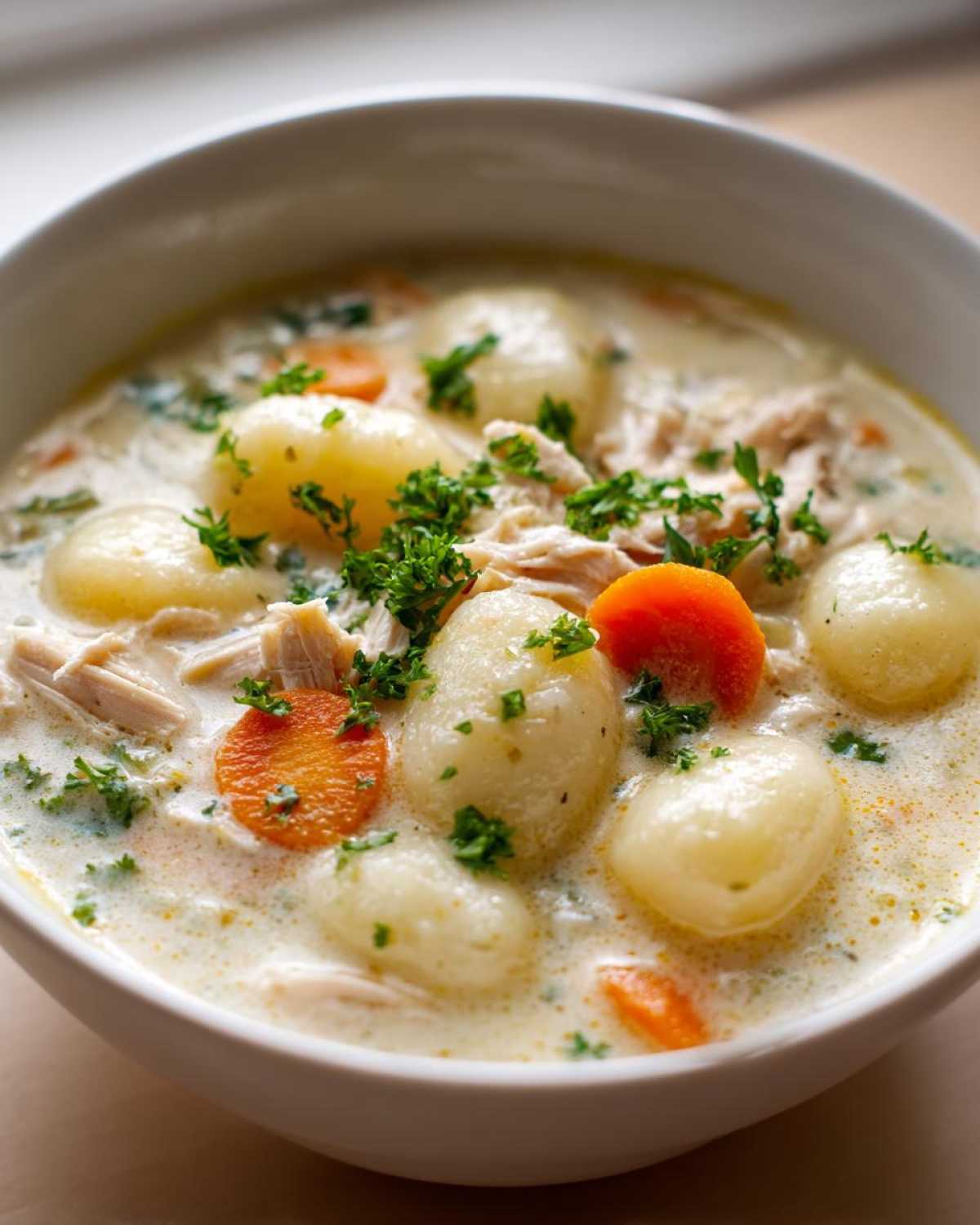 A close-up view of a white bowl filled with rich Creamy Chicken Gnocchi Soup, featuring plump gnocchi, shredded chicken, carrots, and parsley.