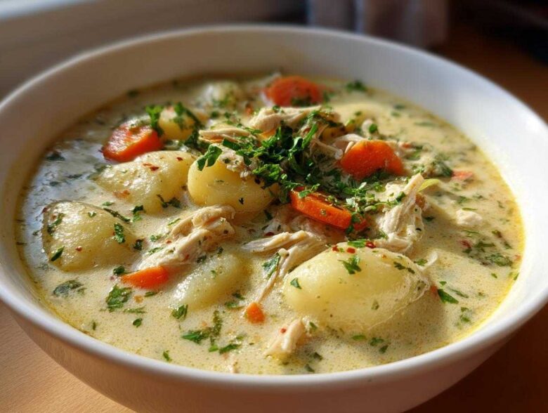 Close-up of a white bowl filled with rich Creamy Chicken Gnocchi Soup, featuring tender gnocchi, shredded chicken, carrots, and herbs.