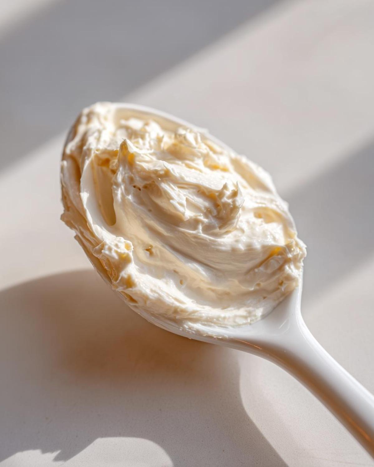 A spoonful of thick, creamy, off-white Copycat Taco Bell Chicken Quesadilla Sauce against a bright background.