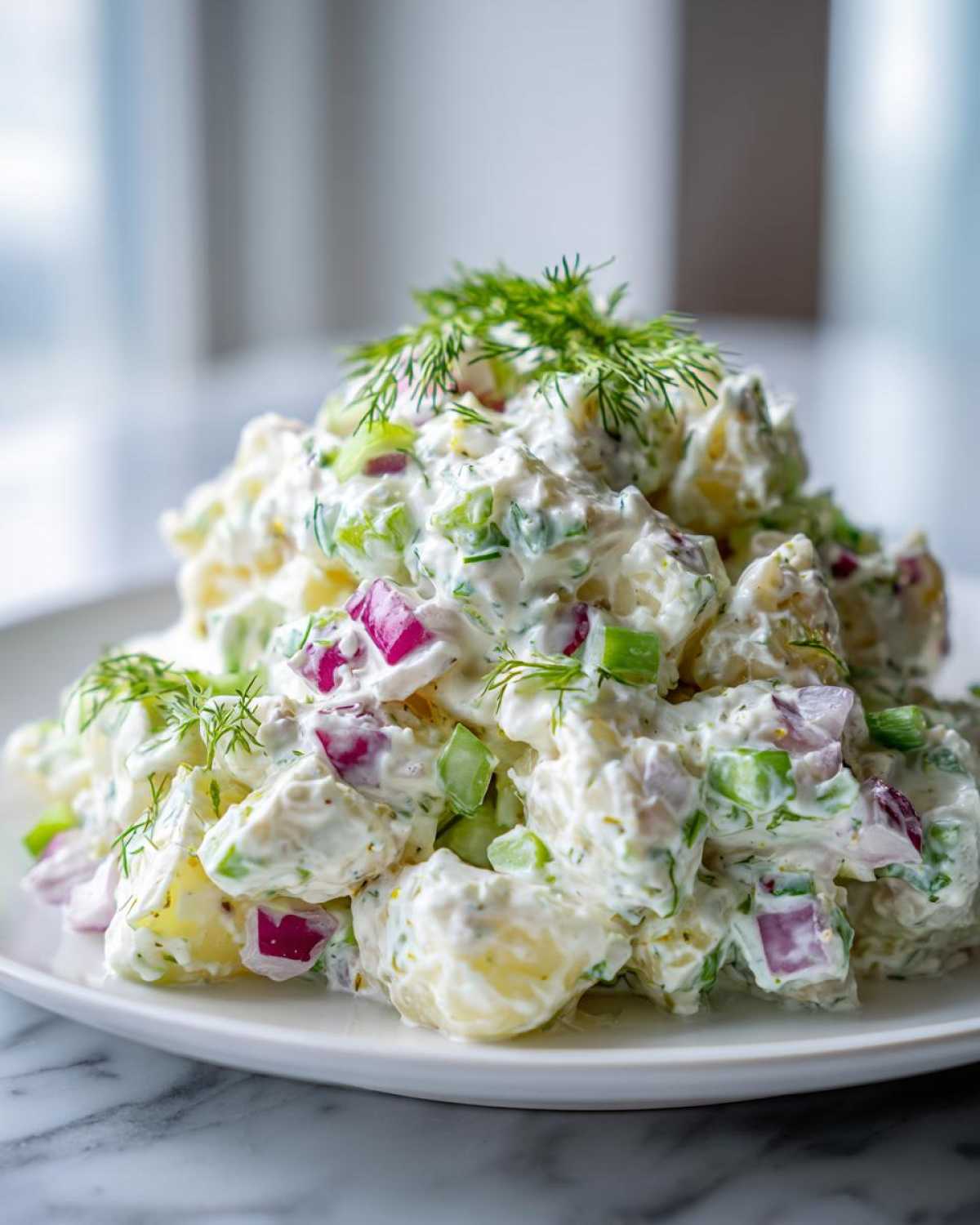 A mound of creamy dill potato salad mixed with chunks of red onion and celery, garnished with fresh dill sprigs.