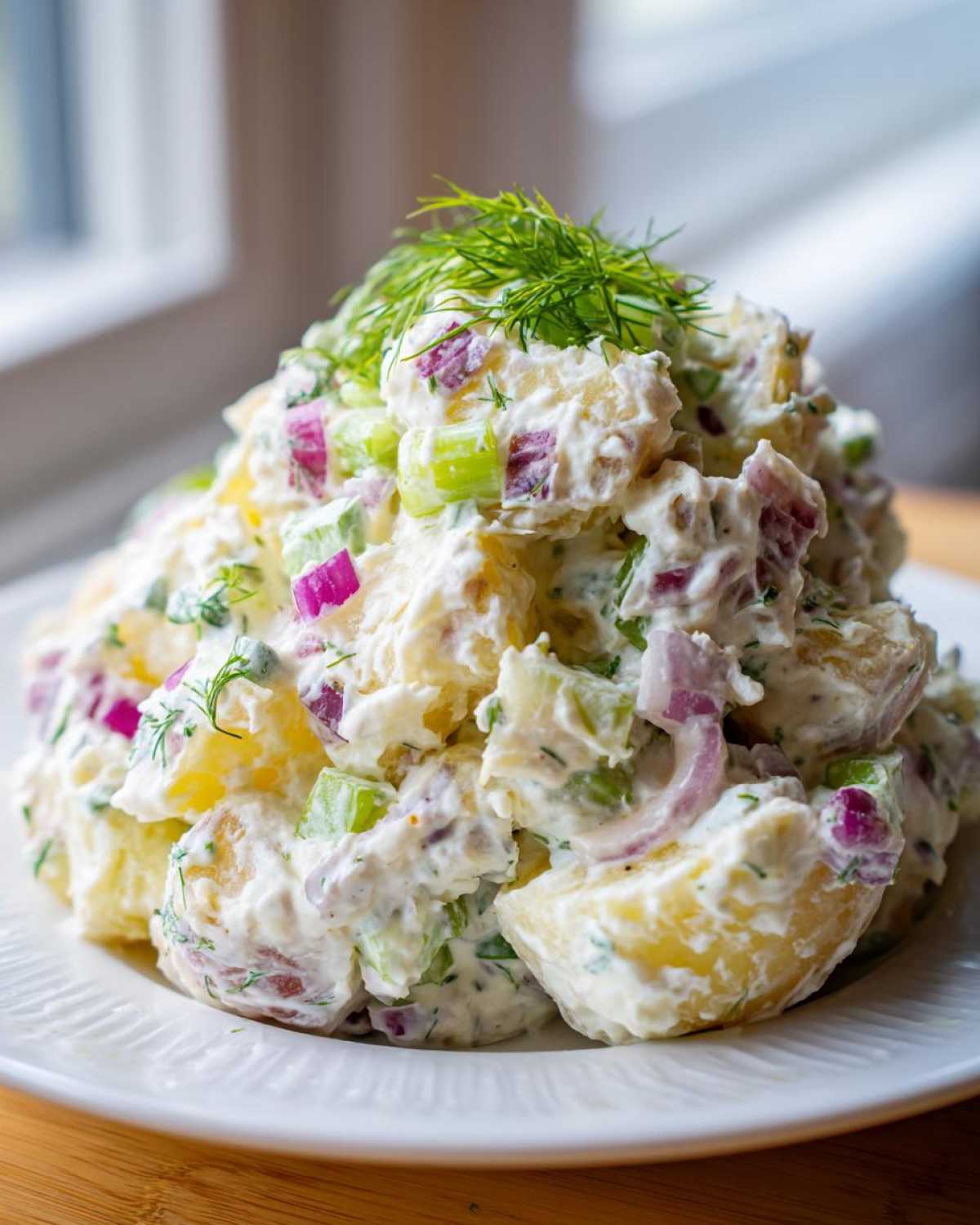A mound of Creamy Dill Potato Salad mixed with red onion and celery, topped with fresh dill.