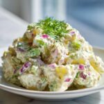 A close-up of a mound of Creamy Dill Potato Salad mixed with red onion and celery, topped with fresh dill.