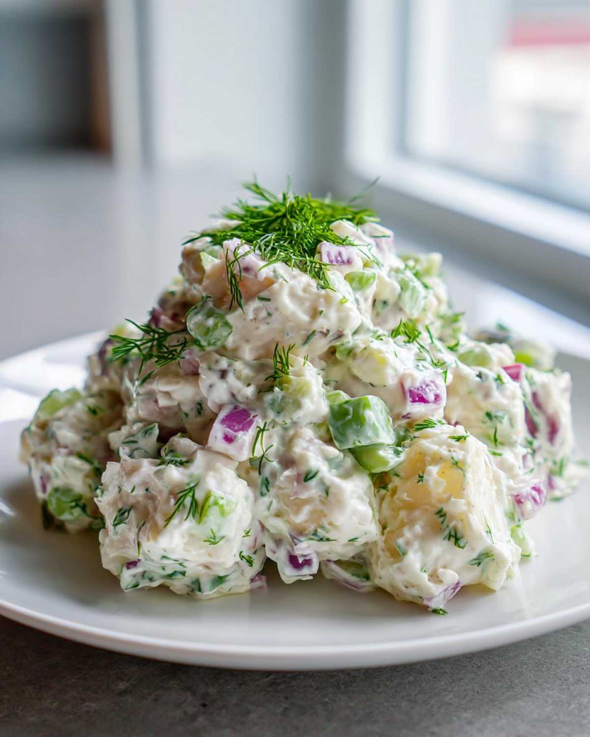 A mound of Creamy Dill Potato Salad featuring potatoes, red onion, celery, and fresh dill garnish on a white plate.