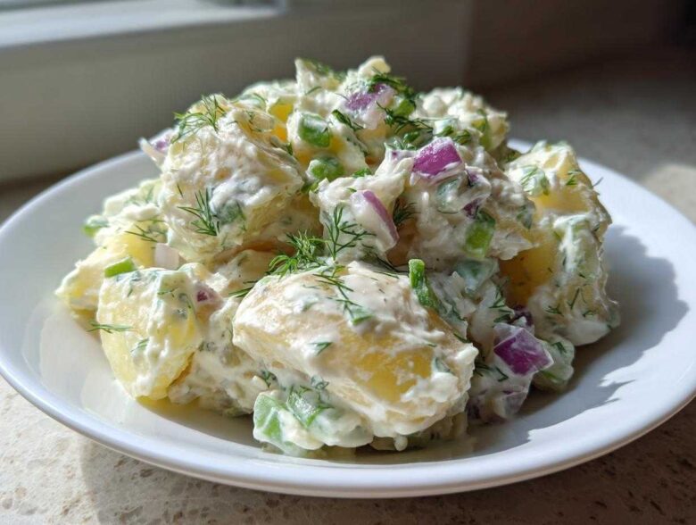 A close-up of a serving of Creamy Dill Potato Salad mixed with red onion and fresh dill on a white plate.