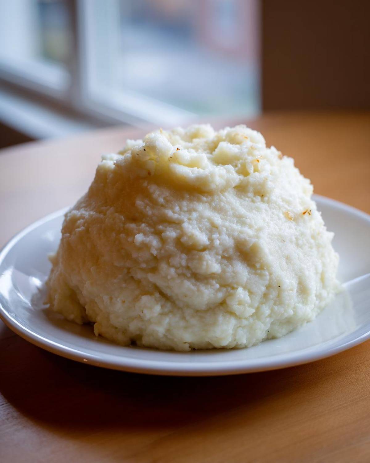 A mound of fluffy Creamy Garlic Mashed Cauliflower served on a white plate next to a bright window.