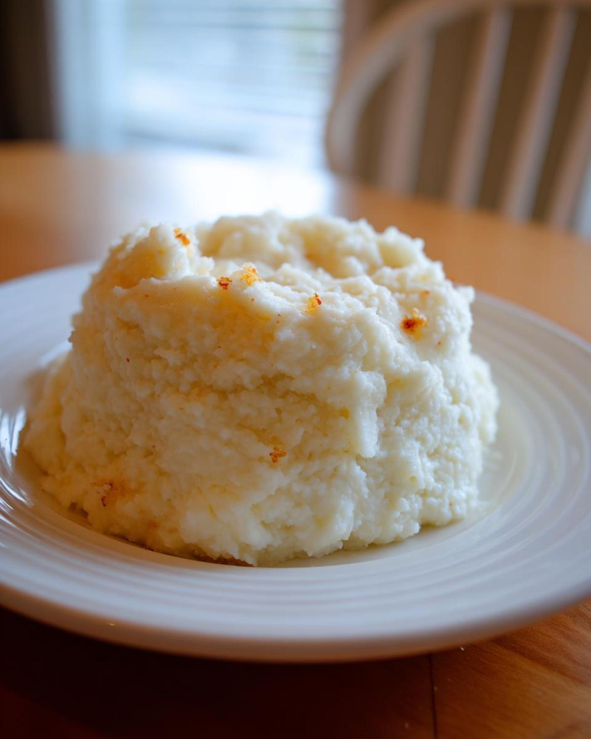 A mound of fluffy Creamy Garlic Mashed Cauliflower served on a white plate.