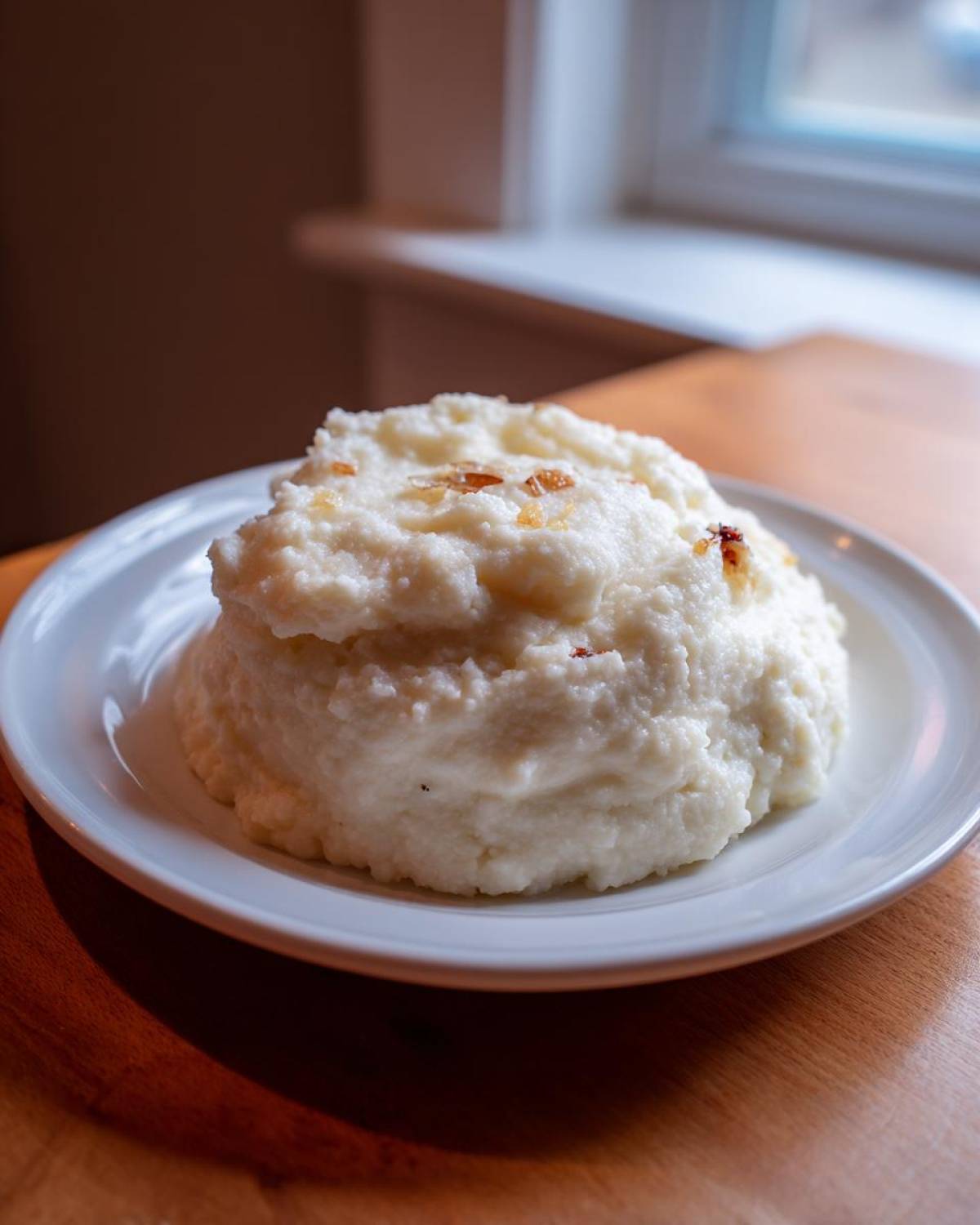 A mound of fluffy Creamy Garlic Mashed Cauliflower served on a white plate, topped with browned garlic bits.