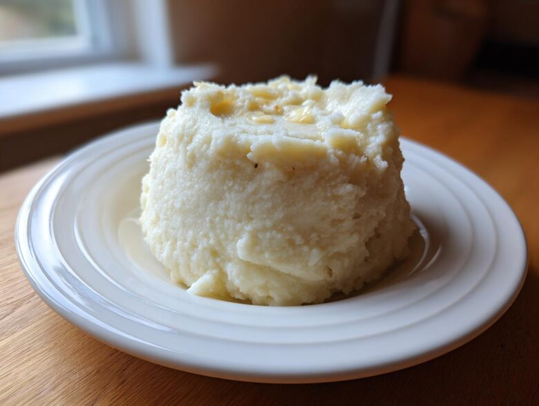 A molded serving of Creamy Garlic Mashed Cauliflower topped with melted butter on a white plate.