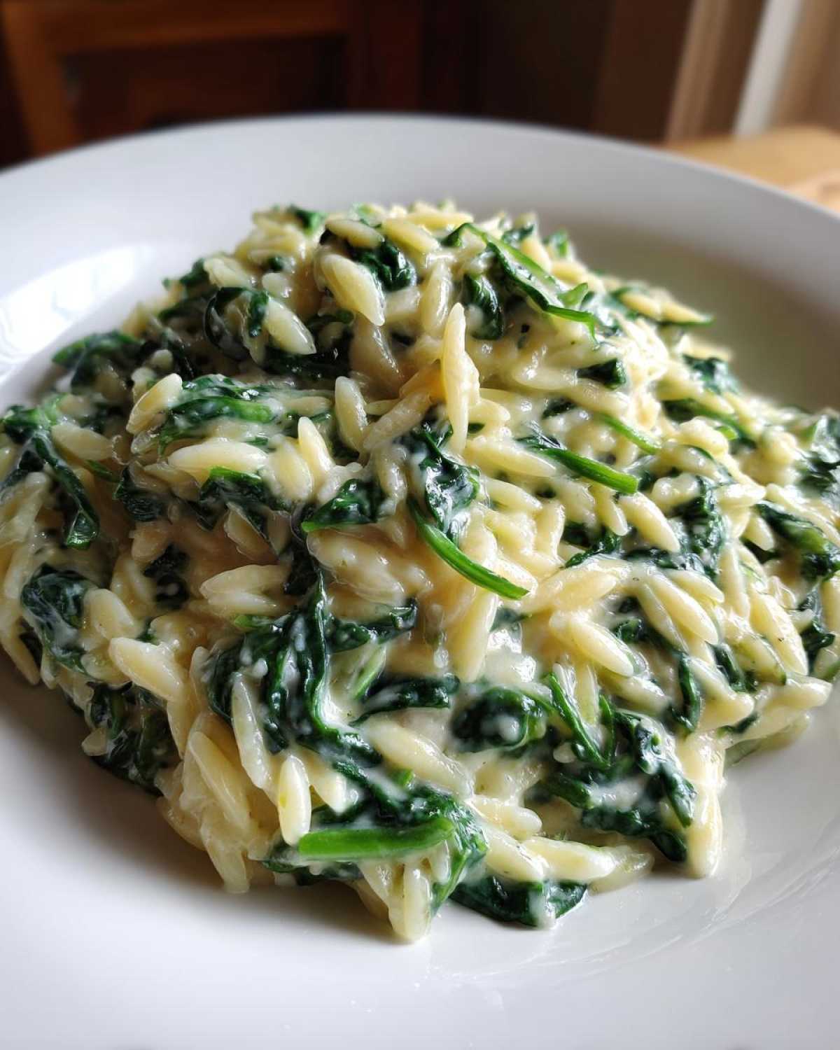 A close-up of a white bowl filled with Creamy Garlic Parmesan Orzo with Spinach, coated in a rich, white sauce.