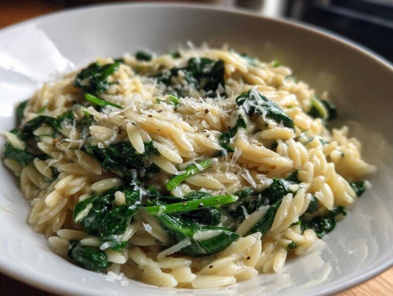 Close-up of a white bowl filled with Creamy Garlic Parmesan Orzo with Spinach, topped with grated cheese.