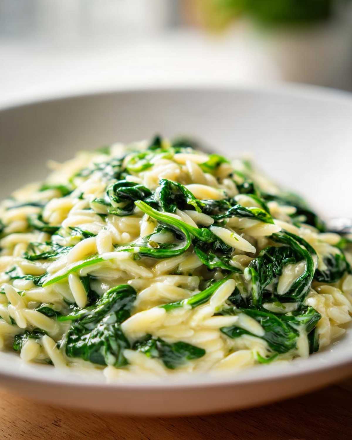 Close-up of creamy garlic parmesan orzo with spinach mixed throughout in a white bowl.