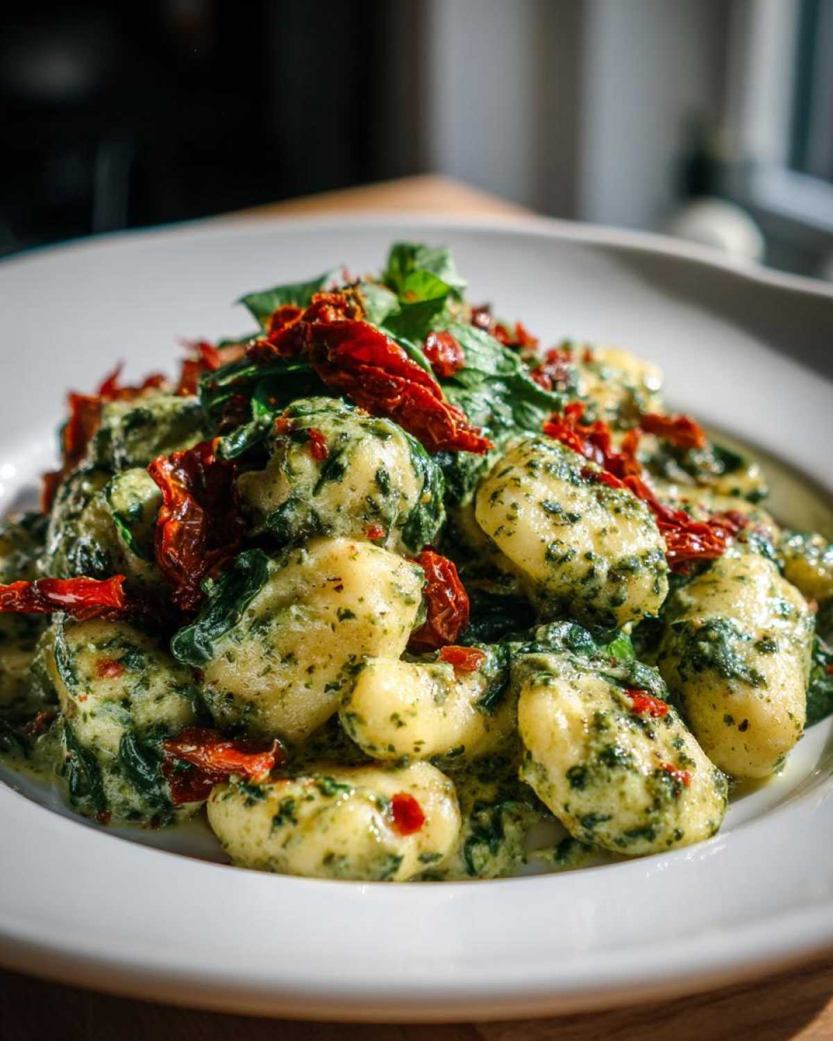 A close-up of fluffy gnocchi coated in a creamy pesto sauce with spinach and topped with sun-dried tomatoes.