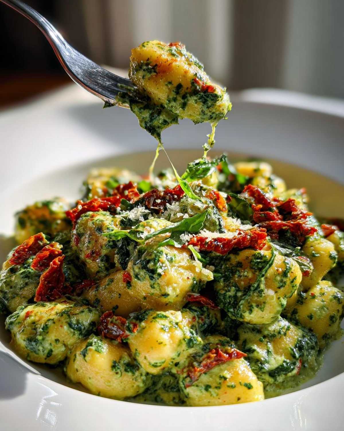 Close-up of a fork lifting a bite of Creamy Pesto Gnocchi coated in green sauce, topped with sun-dried tomatoes and Parmesan.