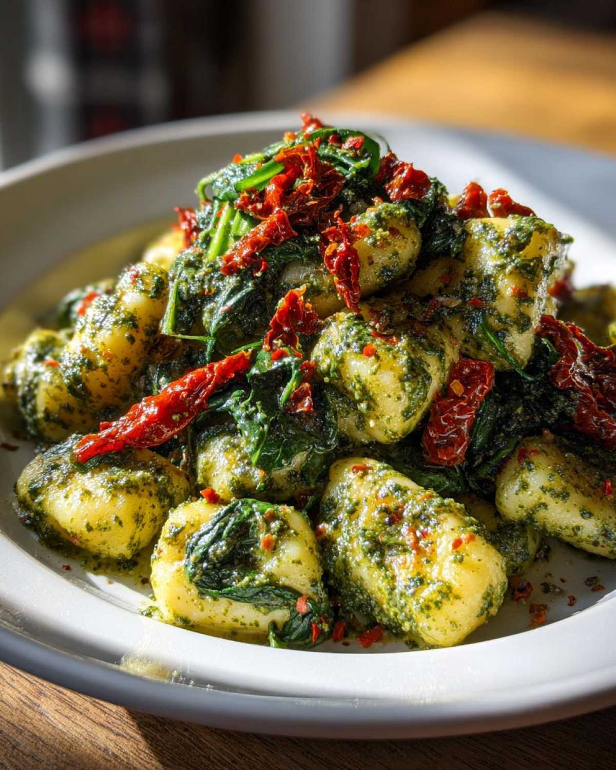 Close-up of a bowl of Creamy Pesto Gnocchi topped with wilted spinach and sun-dried tomatoes.